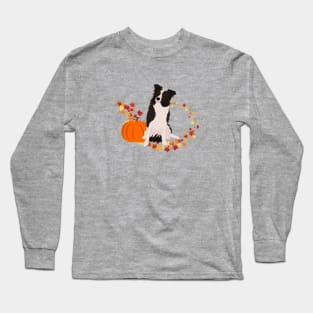 Border Collie with Pumpkin and Colorful Leaves with Autumn Theme Long Sleeve T-Shirt